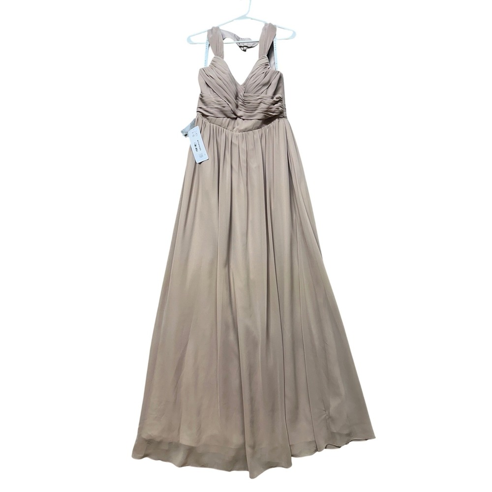 Azazie Bridesmaid Dress Women Size A8 Taupe Pleated Chiffon Maxi Pockets NWT